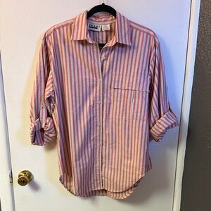 100% Cotton Relaxed Button-Down Shirt in Pink and Cream Stripe